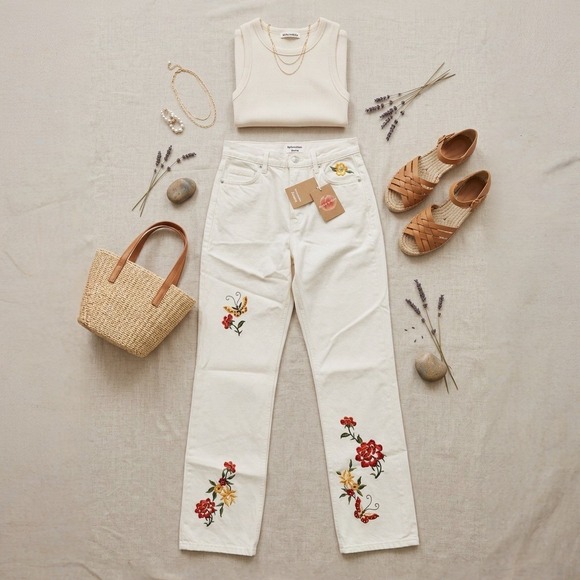 Reformation Denim - Reformation Cynthia High Rise Straight Jeans 25 White Flora Embroidery NWT